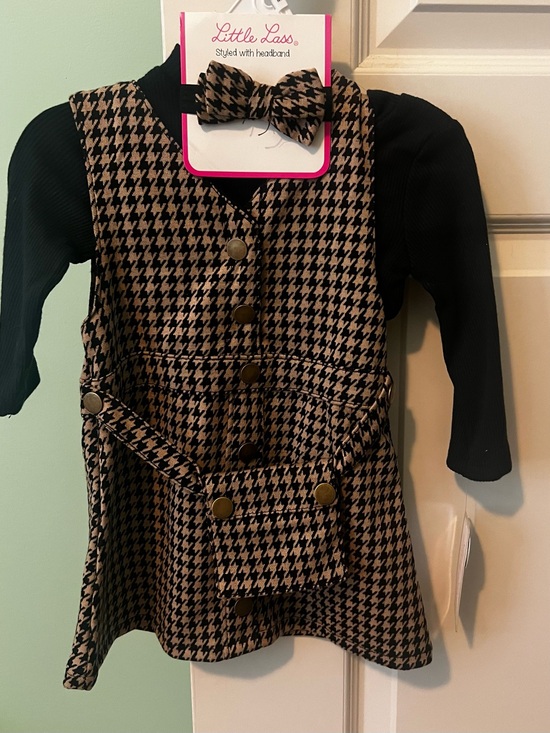 Little Lass Other - Little Lass Black & Brown Houndstooth Pinafore Set with Bow